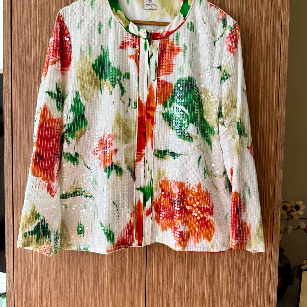 Chico's White Jacket with Green & Orange Floral Sequin Print Size 3/Xl